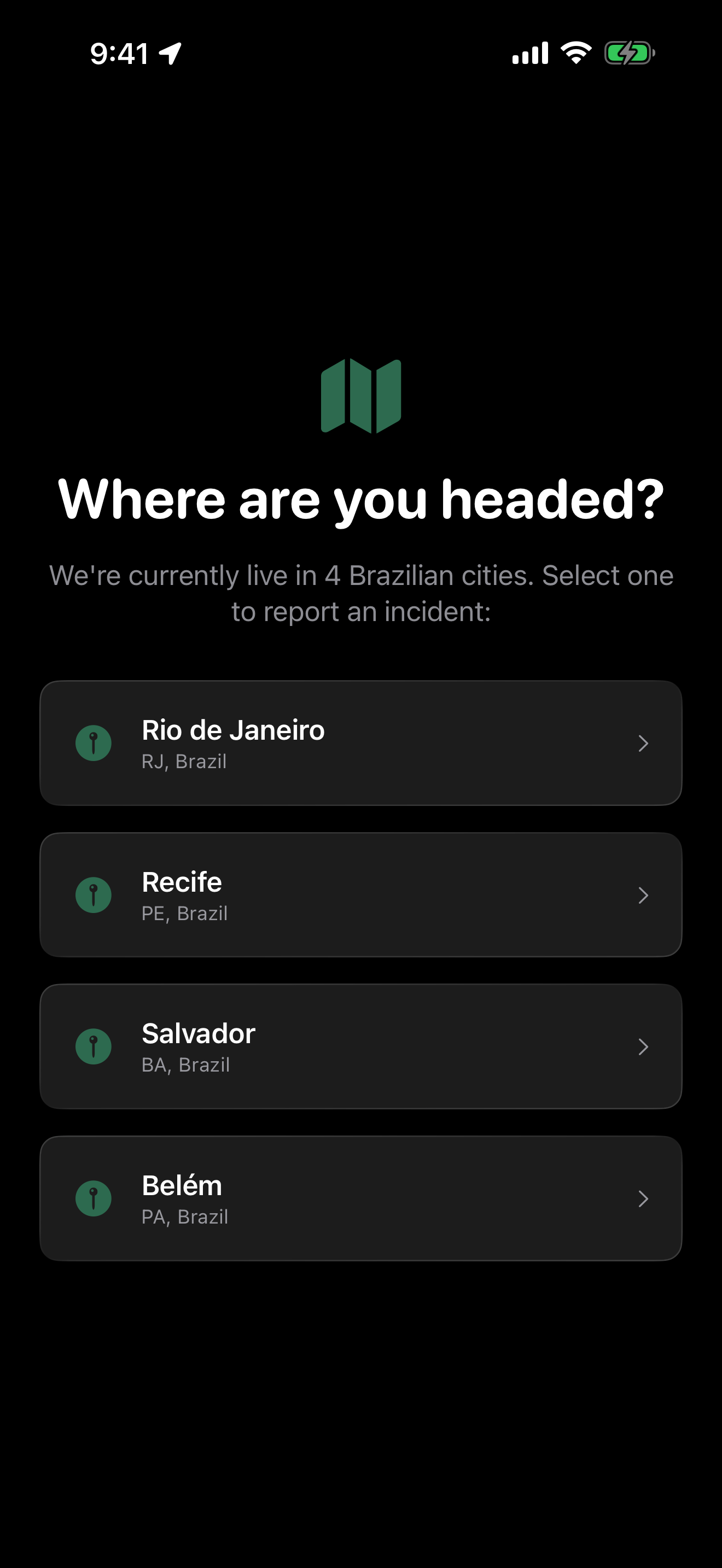 City picker showing Rio, Recife, Salvador, Belem