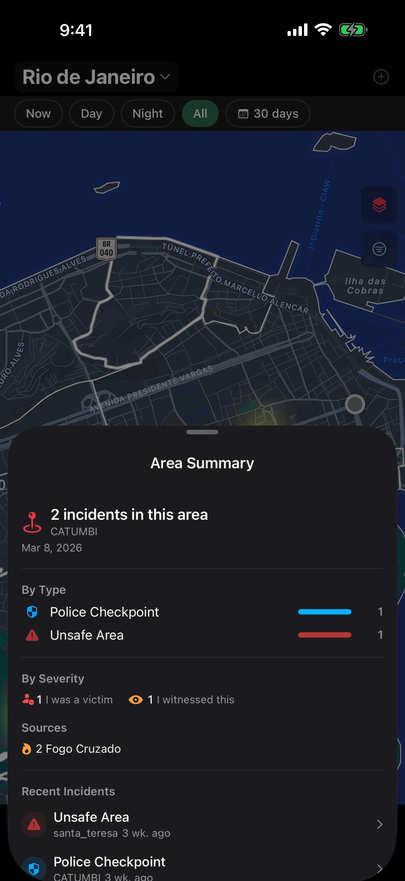 Area Summary showing incident breakdown by type and severity